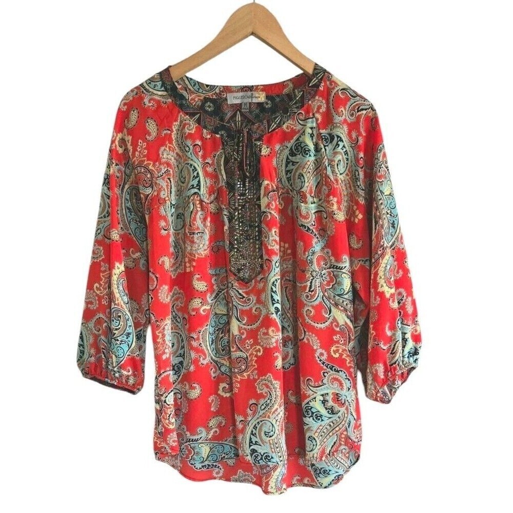 Figueroa & Flower Boho  Blouse Red Paisley Multi Semi-sheer  Womens Medium